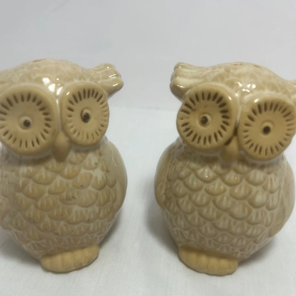 Vtg Style Owl Salt‎ Pepper Shakers Beige Ceramic Pair Mid Century Retro  Decor